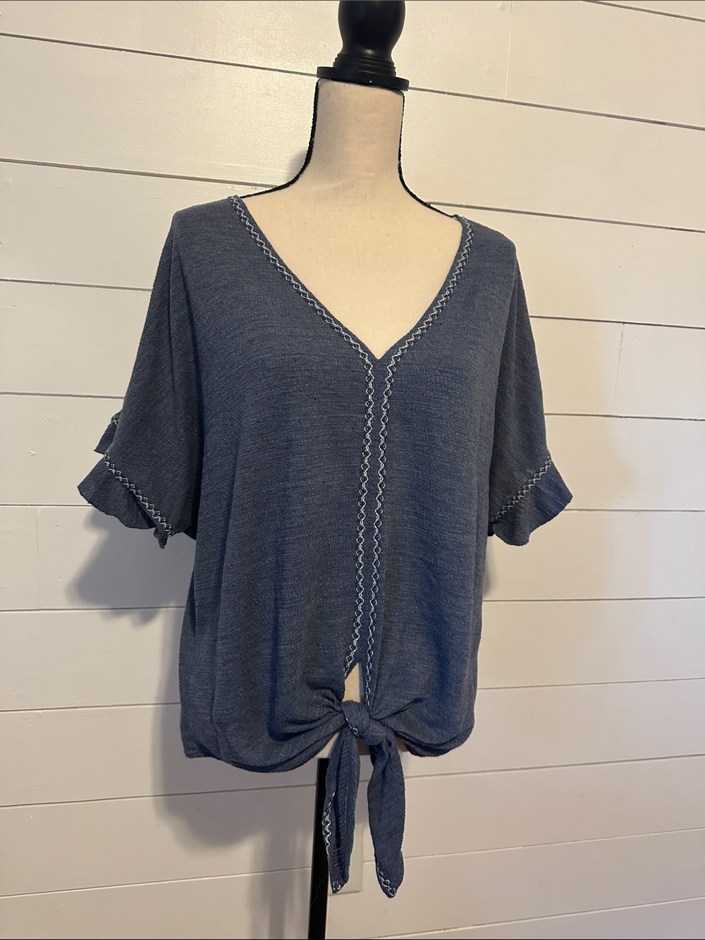 Max Studio Navy V-Neck Tie-Front Blouse